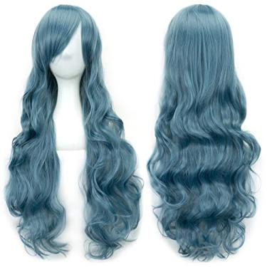 Imagem de IMISSU Peruca cosplay de cabelo natural cacheado longo com franjas coloridas fantasia de Halloween perucas de festa (Azul marinho)