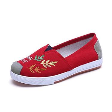 Imagem de Sapatos casuais femininos sapatos de tecido respirável fundo plano bordado lona sapatos de estudante fundo macio feminino, Vermelho, amarelo, 4
