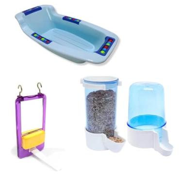 Imagem de Kit Banheira + Brinquedo Espelho Com Pedra de Cálcio + Comedouro E Bebedouro Para Calopsita Agapornis e Periquito