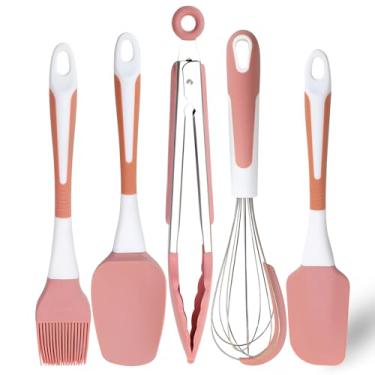 Imagem de Conjunto de utensílios de cozinha de silicone resistente ao calor, conjunto de espátula de silicone com 5 peças para misturar assar, cozinhar, utensílios de cozinha de silicone para panelas antiaderentes, pode ser lavado na lava-louças (rosa)