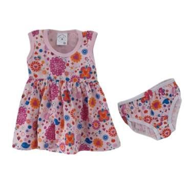 Imagem de Vestido Bebê Estampado Verão com Calcinha Tapa Fralda Algodão Rosa Flores TAM.M