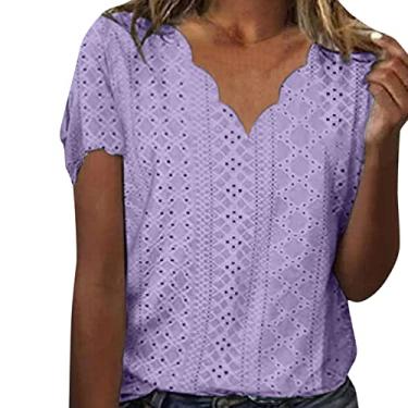 Imagem de Camiseta feminina de verão com ilhós, cor sólida, manga curta, gola V, folgada, casual, y1 - roxo, XXG