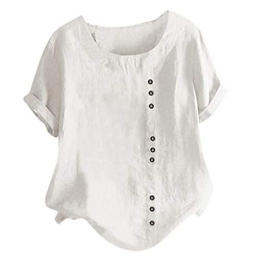 Imagem de Camisetas femininas de linho com gola redonda de linho de manga curta e mistura de algodão, Ofertas relâmpago branco, M