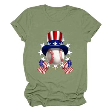 Imagem de Camiseta feminina de beisebol PKDong 2024 gola redonda manga curta com estampa de bandeira de beisebol feminina, Verde menta, G