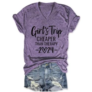 Imagem de Camiseta Girls Trip Cheaper Than Therapy feminina, estampa de letras, manga curta, gola V, camisetas de férias de verão, Estilo 2 - roxo, G