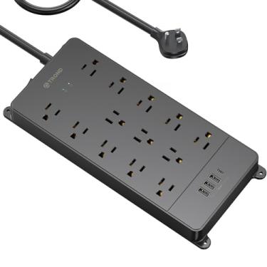 Imagem de TROND Protetor contra surtos de linha de linha cabo de 3 m, 4000 joules, listado ETL, expansão de 13 tomadas amplamente espaçadas com portas USB C, plugue plano de perfil baixo, suporte de parede,