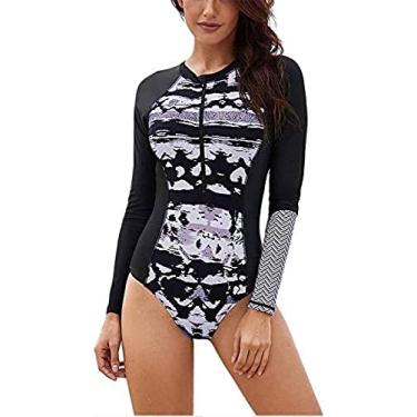 Imagem de Maiô feminino de manga comprida estampado roupa de surf de uma peça sexy renda oca triângulo único traje de mergulho camisas de natação de surf, cor da foto, L