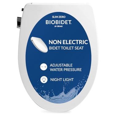Imagem de BioBidet Assento de bidê fino zero não elétrico para vaso sanitário alongado, bocal duplo, luz noturna, latão unificado, entrada e válvula T - fácil de usar alavanca lateral cromada instalação DIY