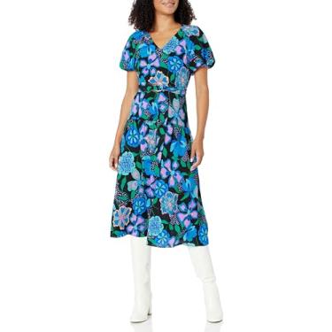 Imagem de Donna Morgan Vestido feminino divertido estampado colorido elegante casual dia evento festa data, Cetim preto/azul, 42