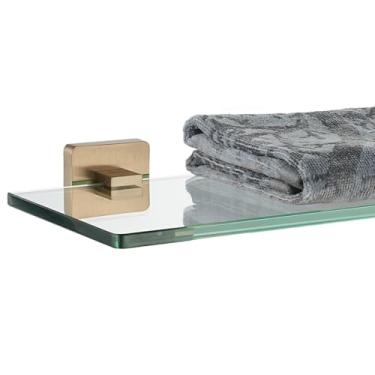 Imagem de JQK Prateleira de vidro para banheiro, chuveiro flutuante de vidro temperado, 40,6 x 12,7 cm, suporte de parede bronze champanhe de aço inoxidável 304, TGS201L16-CB