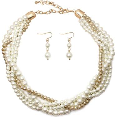 Imagem de S SUSANN Conjuntos de joias de fantasia de colar de declaração de ouro para mulheres, conjuntos de colar e brincos estéticos, acessórios de moda para festas de casamento, 16", Resina Vidro, Pérola