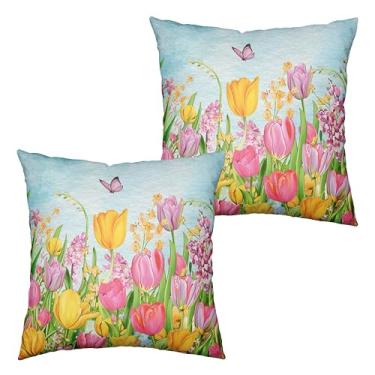 Imagem de Kwlegh Capas de almofada tulipa 45,7 x 45,7 cm, conjunto de 2 capas de almofada de primavera, rosa, amarela, tulipa floral, para atividades ao ar livre, aquarela, algodão, linho, capa para sofá ao ar