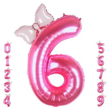 Imagem de Balão Número 6 Rosa (40cm) com Mini Laço - Festa de 6 Anos