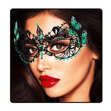 Imagem de Ursumy Women Butterfly Masquerade Mask Lace Rhinestone Masks for Costume Venetian Valentine's Day (Green)