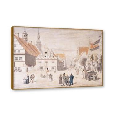 Imagem de Impressões em tela famosas. "Marketplace". Reprodução impressa em tela, reproduções de arte clássicas, decoração de parede moderna para sala de estar e escritório. Moldura de cor teca de 70 x 98 cm -