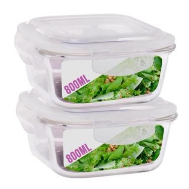 Imagem de 2 Potes Hermetico 800ml Quadrado Vidro Microondas Grande - PRATICASA