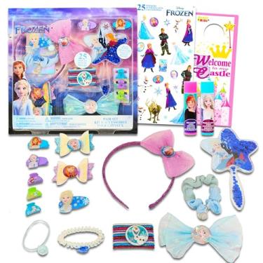 Imagem de Acessórios de cabelo da Disney Frozen e super conjunto de moda ~ 40 peças de gravatas de cabelo congeladas, pôneis, escova de cabelo, laços de cabelo, kit de unhas, anéis e brincos com mais de 600 ade