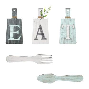 Imagem de Ioensy Conjunto de 5 peças de tábua de corte com placa de comida, arte para pendurar, letras de madeira decorativas para pendurar, placa de comida, garfo e, C