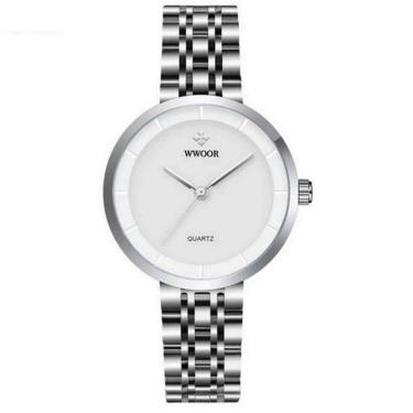 Imagem de Relógio Feminino De Quartzo Minimalista Pulseira De Aço Inoxidável A Prova D´agua Branco Prata