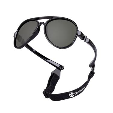 Imagem de COCOSAND Óculos de sol polarizados para bebês aviador com alça ajustável para bebês meninas meninos 0-18 meses, Preto com lente verde, X-Small