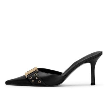 Imagem de DOEYG Salto gatinho preto feminino bico fino elegante salto vintage mules sexy pontudo cravejado stiletto slingback sapatos com fivela, Preto, 35