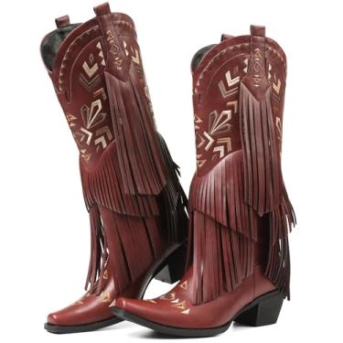 Imagem de SaraIris Botas femininas cowgirl cano alto com franjas, 1 vinho tinto, 39