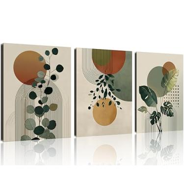 Imagem de TutuBeer Arte de parede boho verde sálvia verde bohemain impressão de parede emoldurada impressão de parede abstrata com linha geométrica folha e sol tela bege para banheiro quarto sala de estar