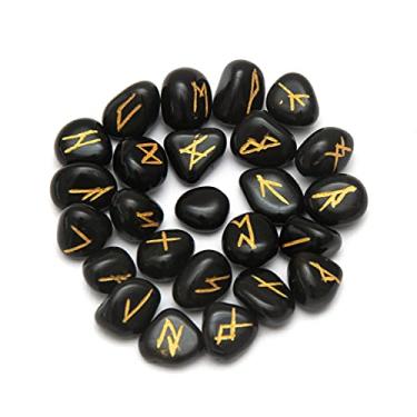 Imagem de ARHAM CRYSTAL Conjunto de pedras runas de ágata preta com bolsa de veludo, símbolos de alfabetos rúnicos de adivinhação gravados Viking Ancião Futhark para bruxas de Reiki e equilíbrio de energia