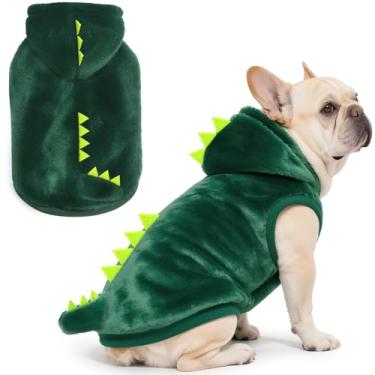 Imagem de Idepet Fantasia de dinossauro de Halloween, linda roupa de cosplay para cães pequenos de lã de inverno com capuz e suéter quente para festa de Natal, roupas de gato (pequeno)