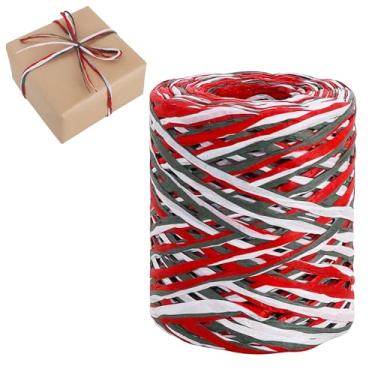 Imagem de TONIFUL Fita de papel ráfia de 1,2 m para embrulho de presente - barbante de papel de embalagem vermelho, verde e branco para crochê, presente de embrulho, artesanato DIY, guirlandas de árvore e