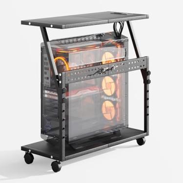 Imagem de Tyfnry Suporte de torre de computador com rodas, suporte de torre de PC ajustável de 3 alturas para piso, suporte de CPU de PC para carpete (incluindo a tomada)