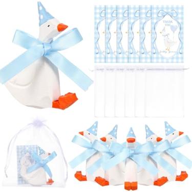 Imagem de Leinuosen 6 Set Wooden Silly Goose Party Favors Handmade Mini Goose Figurines Gift with Thank You Card, Organza Bag Wooden Table Decor for Baby Shower Birthday Farm Themed Party(Blue)