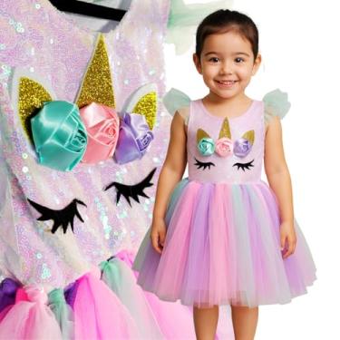 Imagem de Vestido Fantasia Infantil Unicórnio para Meninas – Tule Colorido, Bordado com Flores e Chifre Dourado (P)