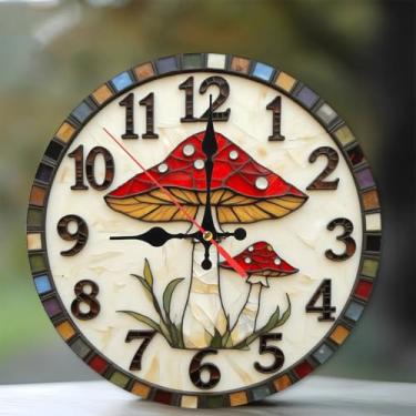 Imagem de Relógio de parede vintage de cogumelo vermelho decorado relógio de parede de madeira de 25 cm, movimento silencioso, operado por bateria (pilhas AA não incluídas), decoração artística para casa