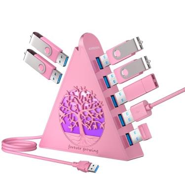 Imagem de JoyReken Hub USB 3.0 de 7 portas, hub USB RGB com luz de árvore RGB e cabo de 60 cm, hub USB 3.0 rosa para laptop, PC, pen drive, HDD, console, impressora, teclado, mouse (rosa)