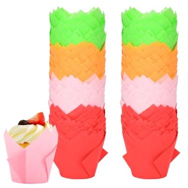 Imagem de Forros decorativos de cupcake de tulipa, estampa vintage, verde, rosa, vermelho, copos de papel laranja, 120 unidades