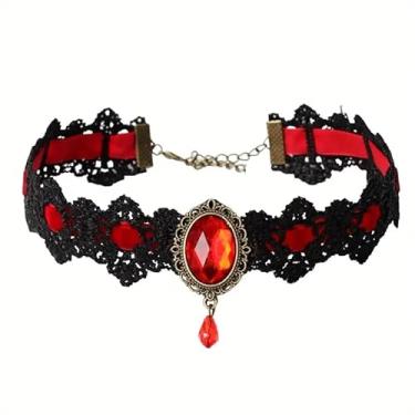 Imagem de Colar gótico de renda preta, colar de vampiro, corrente com pingente de strass, punk, bijuteria de fantasia de Halloween, 1 Size, Plástico, Sem Pedra Preciosa