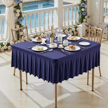 Imagem de Toalhas de mesa de elastano azul marinho para mesas quadradas de 122 x 122 cm, roupas de mesa elásticas com saia plissada com babados para mesa de 122 cm, sem rugas e elásticas, para festa, cozinha