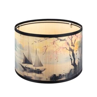 Imagem de GES Abajur de tambor de bambu natural 29 × 29 x 19 cm, abajur de mesa com estampa floral, capa de lâmpada média para quarto, sala de estar, decoração de casa (Barco 1)