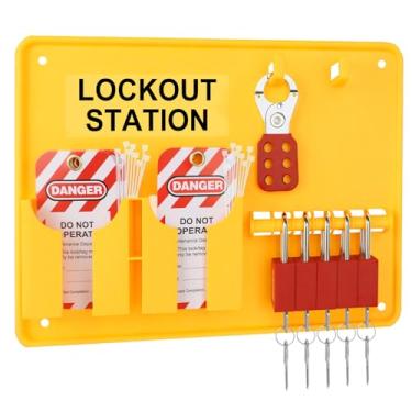 Imagem de Estação de identificação de bloqueio com dispositivos Loto – Kit de placa de bloqueio com 4 unidades de conjunto de trava de segurança, ferrolho para cadeados, 20 etiquetas de não operar