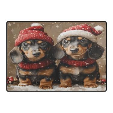 Imagem de Blueangle Tapetes de Natal laváveis de 12 x 17 cm para sala de estar - Tapete de área ultrafino macio antiderrapante resistente a manchas com chapéu vermelho, estampa de cachorro de Natal, decoração