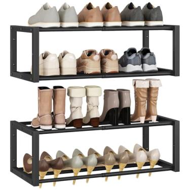 Imagem de IBUYKE Pacote com 2 sapateiras de parede, organizador expansível de 40,6 cm a 73,7 cm para pendurar para 12 a 16 pares, armazenamento de sapatos de parede de metal para armário de entrada, preto