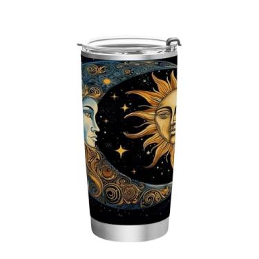Imagem de Blueangle Copo de 590 ml com tampa e canudo, copo de café com água isolada a vácuo de aço inoxidável, caneca de viagem de sol e lua, copo térmico para bebidas quentes e frias (914)