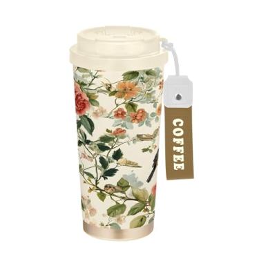 Imagem de SEHANY Caneca de viagem de pássaro colorida de 482 g Copos de café reutilizáveis revestidos de cerâmica com tampa à prova de vazamento, parede dupla, copo de café de aço inoxidável isolado a vácuo