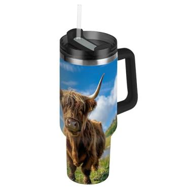 Imagem de SEHANY Copo Highland Cow de 850 g com tampa e canudo, aço inoxidável de vácuo duplo isolado garrafa de água esportiva suporte para copo de café de viagem à prova de vazamento para bebida gelada