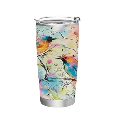 Imagem de Blueangle Copo de 590 ml com tampa e canudo, copo de café com água isolada a vácuo de aço inoxidável, caneca de viagem com padrão de flor em aquarela copo térmico para bebidas quentes e frias (338)