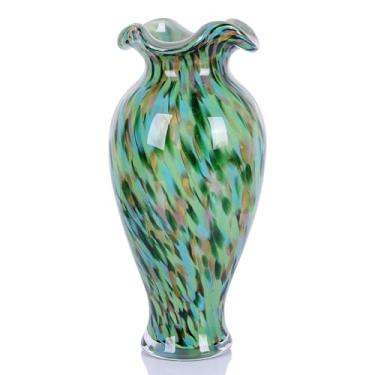 Imagem de Vaso de vidro de arte soprado à mão, vaso de flores decorativo de borda com babados coloridos (verde)