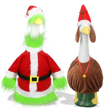 Imagem de JarThenaAMCS Conjunto de 2 conjuntos de roupas de ganso de Natal verde Papai Noel e ganso de cachorro para fantasia de 58 cm para decoração de jardim ao ar livre de Natal