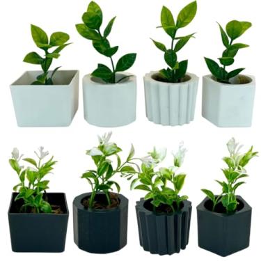 Imagem de Conjunto de 8 mini vasos decorativos com folhagem artificial, adequados para salas de estar, escritórios e expositores de alcovas, com efeito de musgo desidratado. (Kit Branco Folhagem/Preto)