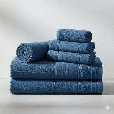 Imagem de Kit Toalha de Banho e Rosto 5 Pçs 100% Algodão 290 g/m2 Hipoalergênica - Barra Decoratica, Luxo, Toque Macio e alta absorção - Azul Marinho
